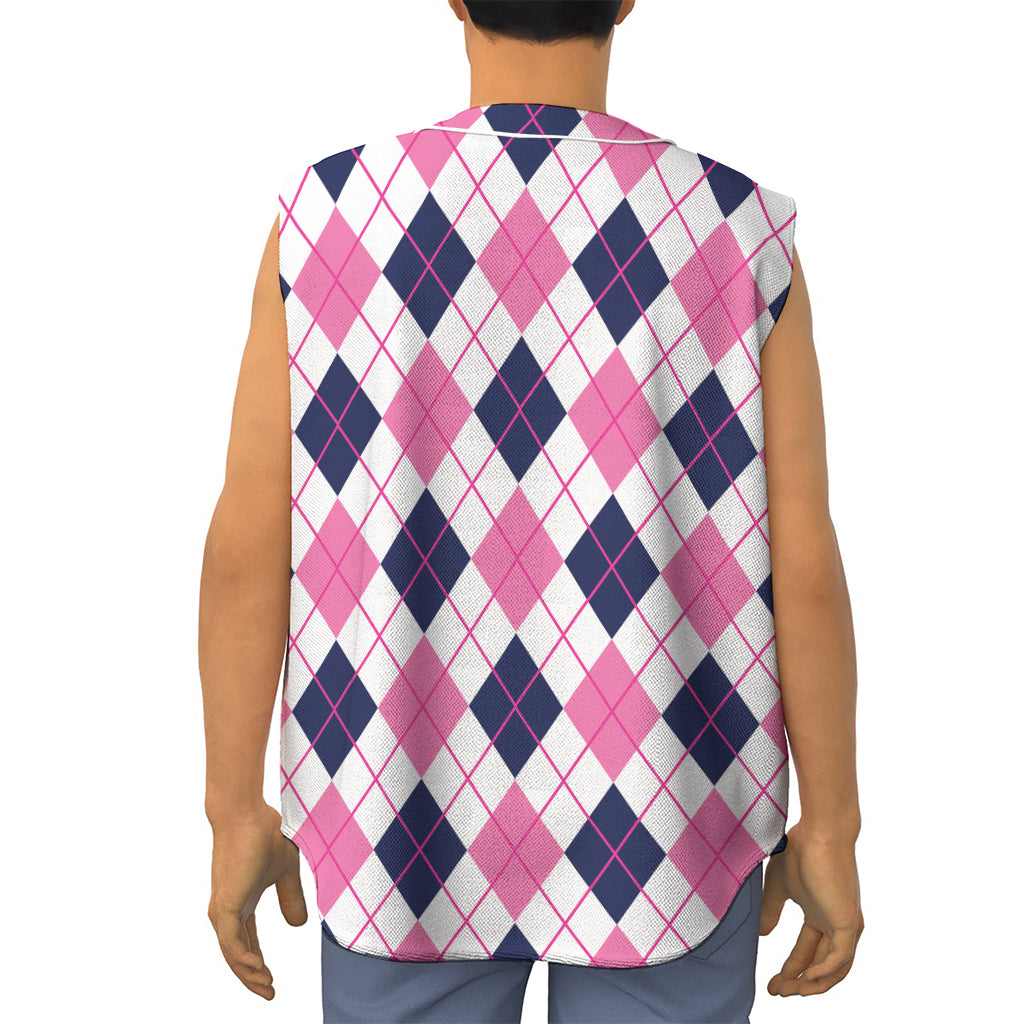 White Pink And Blue Argyle Pattern Print Sleeveless Baseball Jersey