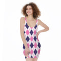 White Pink And Blue Argyle Pattern Print Sleeveless Bodycon Dress