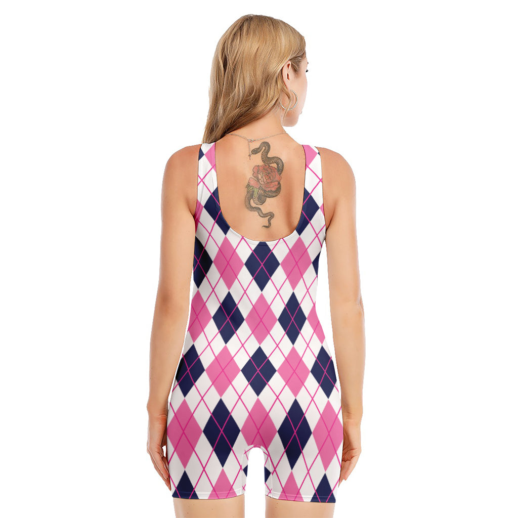 White Pink And Blue Argyle Pattern Print Sleeveless One Piece Swimsuit