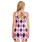 White Pink And Blue Argyle Pattern Print Sleeveless One Piece Swimsuit