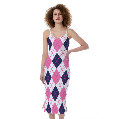 White Pink And Blue Argyle Pattern Print Slim Fit Midi Cami Dress