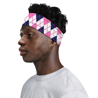 White Pink And Blue Argyle Pattern Print Sports Headband