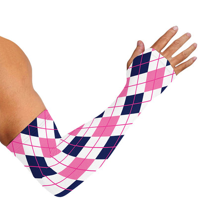 White Pink And Blue Argyle Pattern Print Sun Protection Arm Sleeves