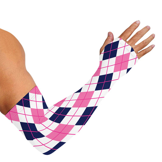 White Pink And Blue Argyle Pattern Print Sun Protection Arm Sleeves