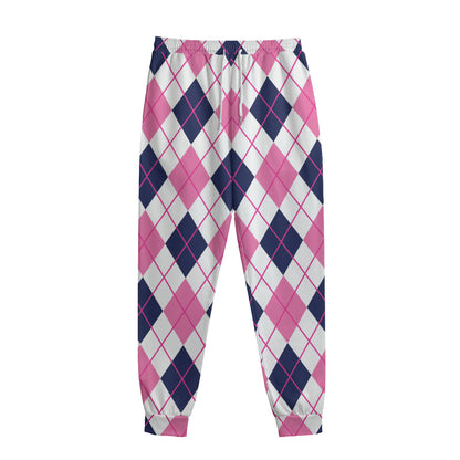 White Pink And Blue Argyle Pattern Print Sweatpants