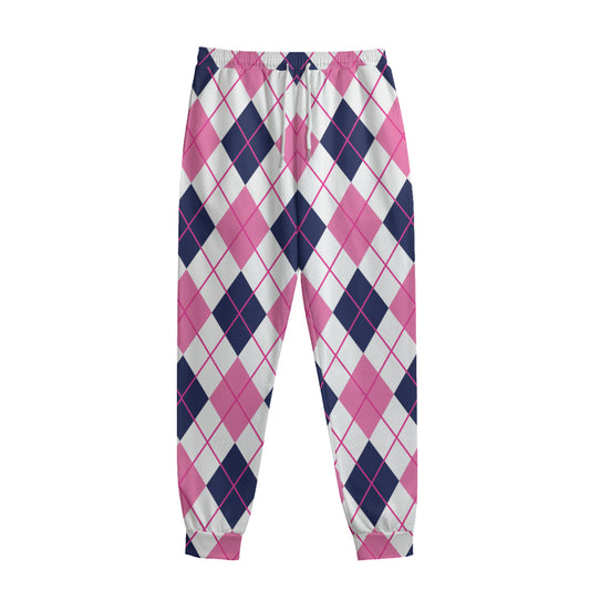 White Pink And Blue Argyle Pattern Print Sweatpants