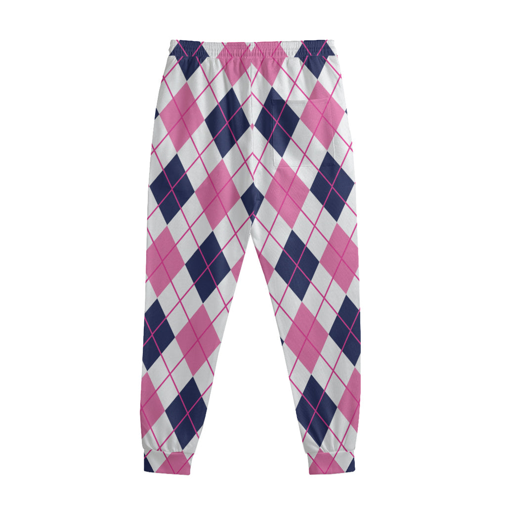 White Pink And Blue Argyle Pattern Print Sweatpants