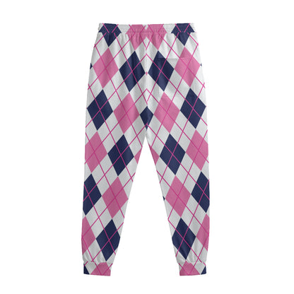 White Pink And Blue Argyle Pattern Print Sweatpants