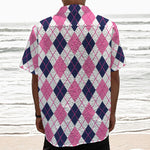 White Pink And Blue Argyle Pattern Print Textured Short Sleeve Shirt