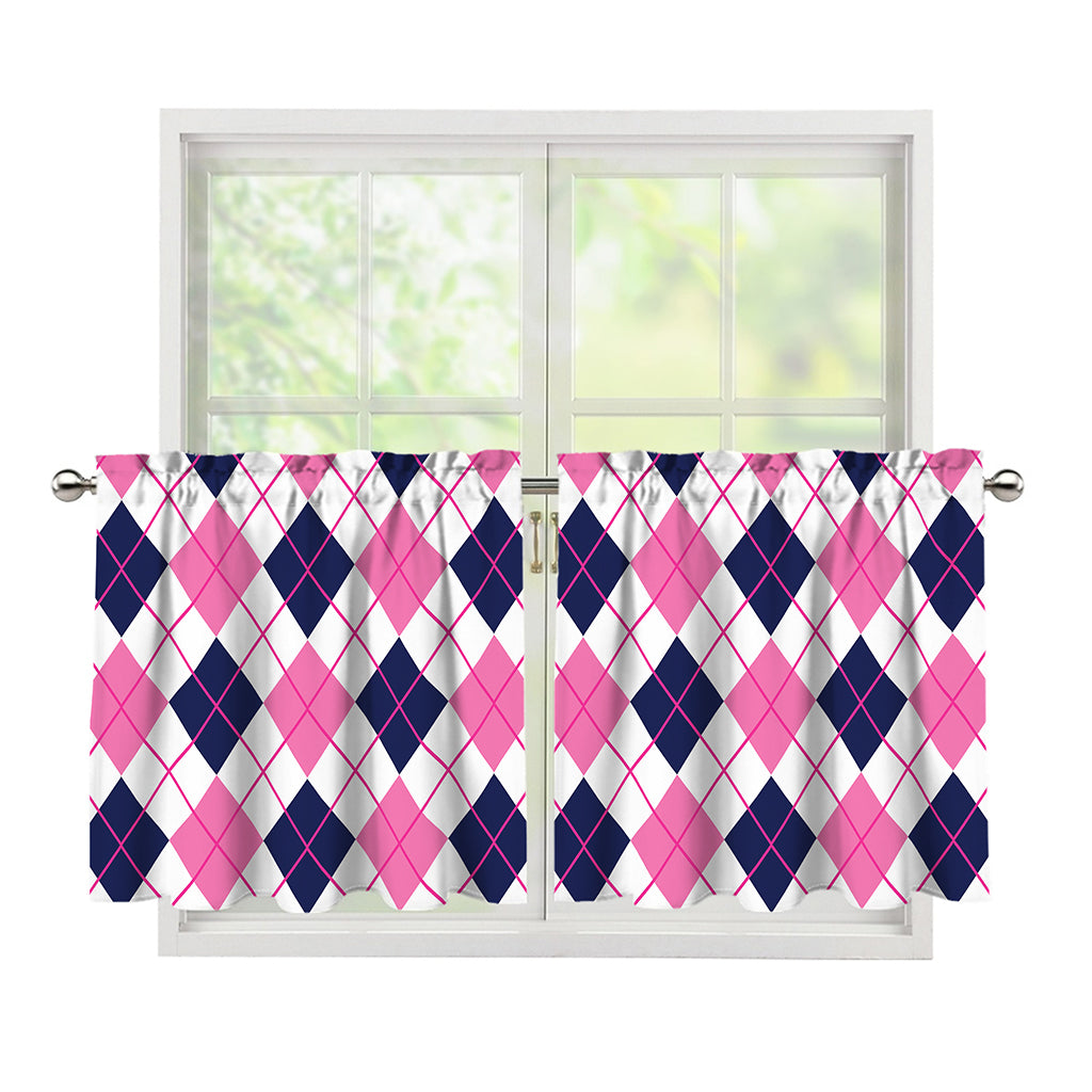 White Pink And Blue Argyle Pattern Print Tier Curtains