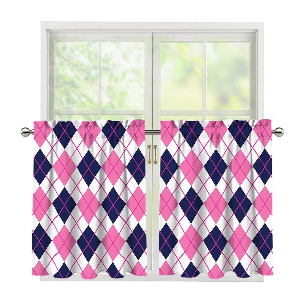 White Pink And Blue Argyle Pattern Print Tier Curtains