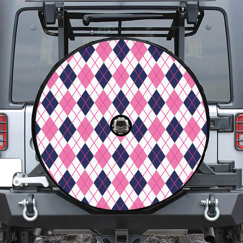 White Pink And Blue Argyle Pattern Print Tire Cover With Camera Hole