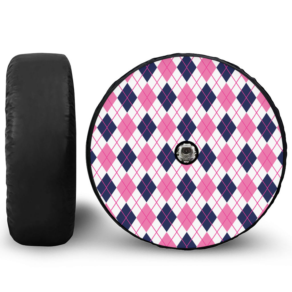 White Pink And Blue Argyle Pattern Print Tire Cover With Camera Hole