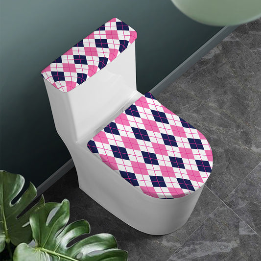 White Pink And Blue Argyle Pattern Print Toilet Lid And Tank Cover Set