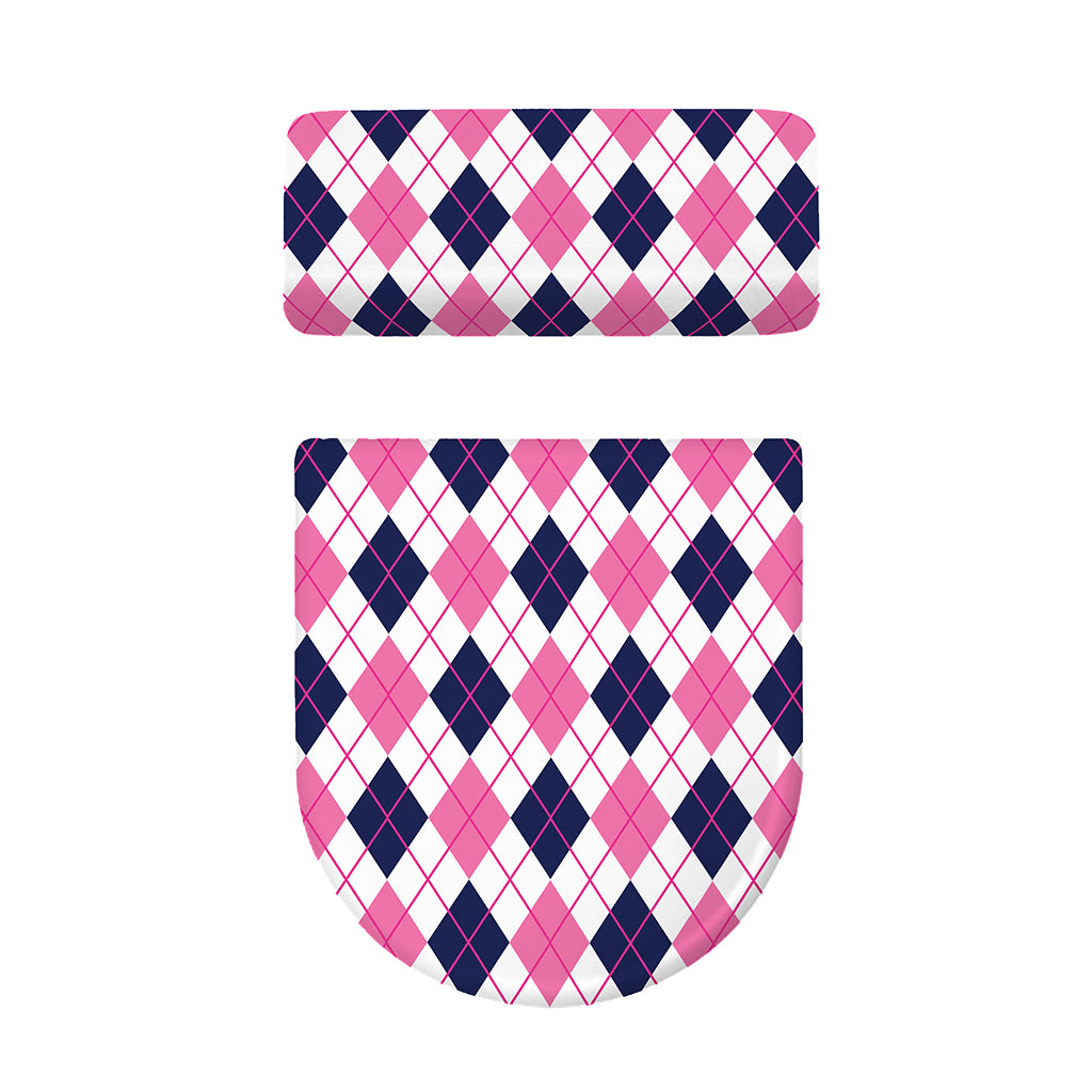 White Pink And Blue Argyle Pattern Print Toilet Lid And Tank Cover Set