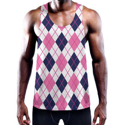 White Pink And Blue Argyle Pattern Print Training Tank Top