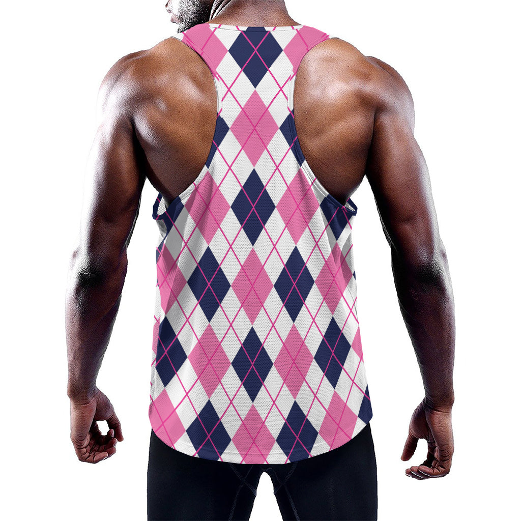 White Pink And Blue Argyle Pattern Print Training Tank Top