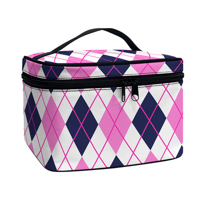 White Pink And Blue Argyle Pattern Print Travel Makeup Bag