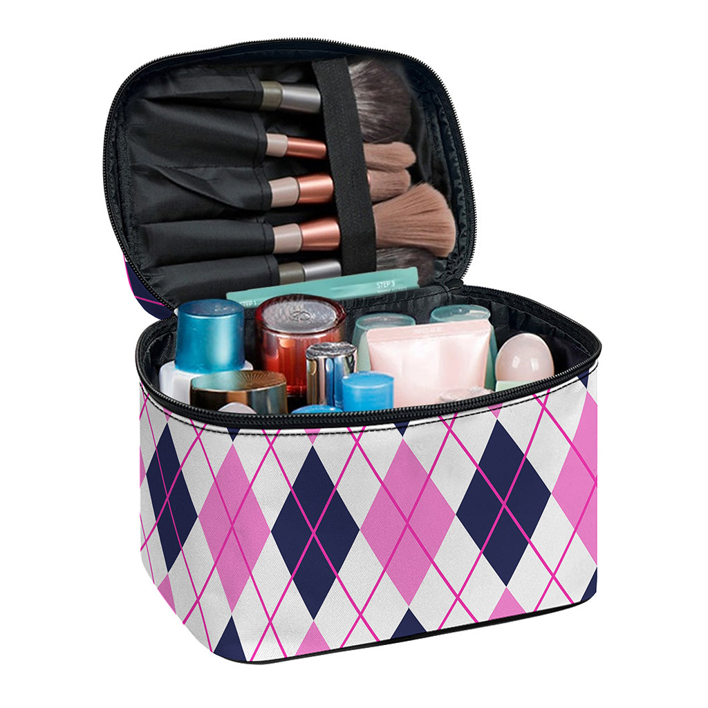 White Pink And Blue Argyle Pattern Print Travel Makeup Bag