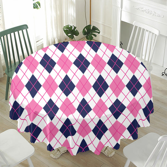 White Pink And Blue Argyle Pattern Print Waterproof Round Tablecloth