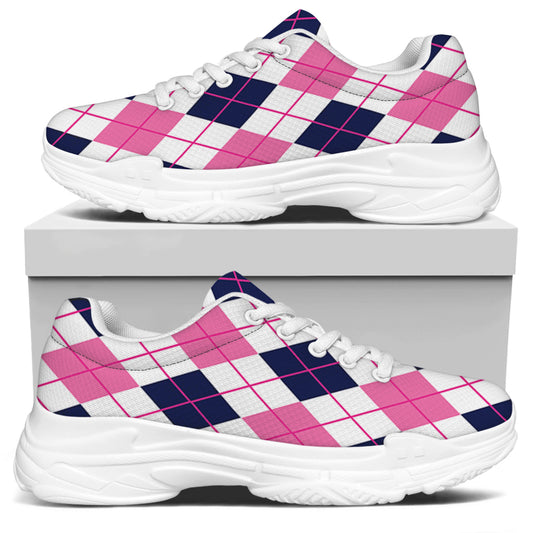 White Pink And Blue Argyle Pattern Print White Chunky Shoes