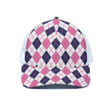 White Pink And Blue Argyle Pattern Print White Mesh Trucker Hat