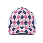 White Pink And Blue Argyle Pattern Print White Mesh Trucker Cap