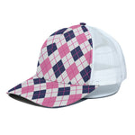 White Pink And Blue Argyle Pattern Print White Mesh Trucker Cap