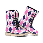 White Pink And Blue Argyle Pattern Print Winter Boots