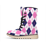 White Pink And Blue Argyle Pattern Print Winter Boots