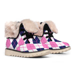 White Pink And Blue Argyle Pattern Print Winter Boots