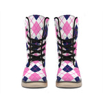 White Pink And Blue Argyle Pattern Print Winter Boots