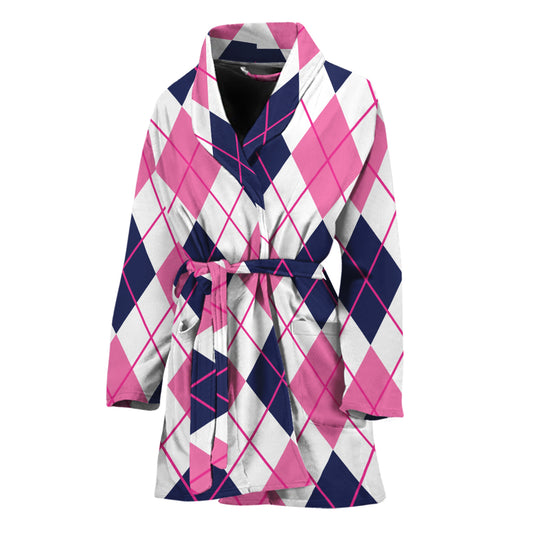 White Pink And Blue Argyle Pattern Print Women's Bathrobe