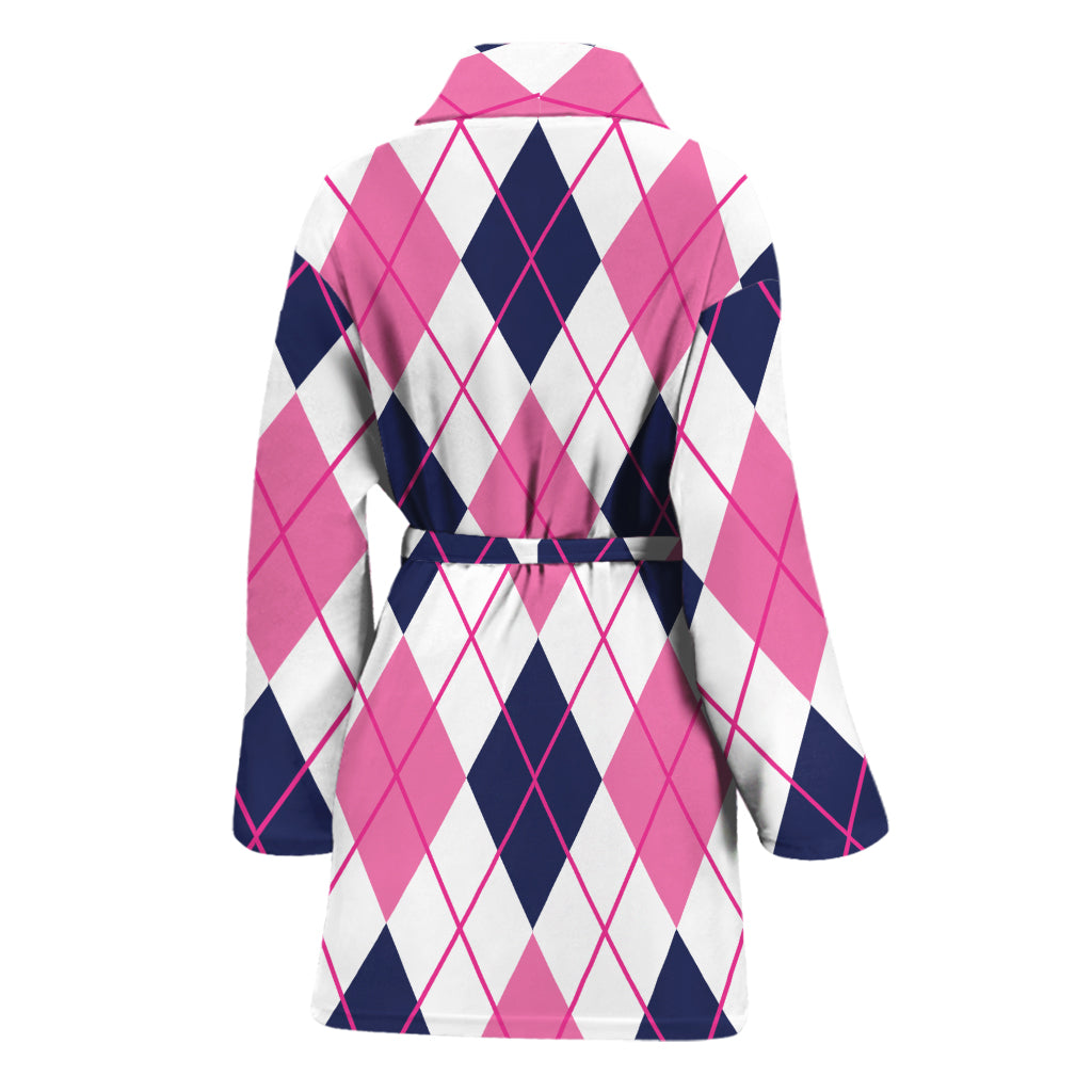 White Pink And Blue Argyle Pattern Print Women's Bathrobe