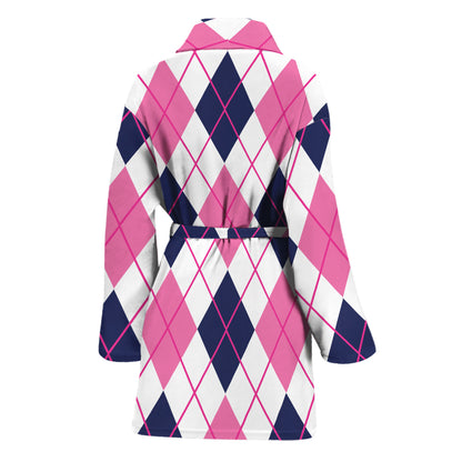 White Pink And Blue Argyle Pattern Print Women's Bathrobe