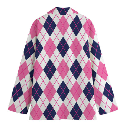 White Pink And Blue Argyle Pattern Print Women's Blazer