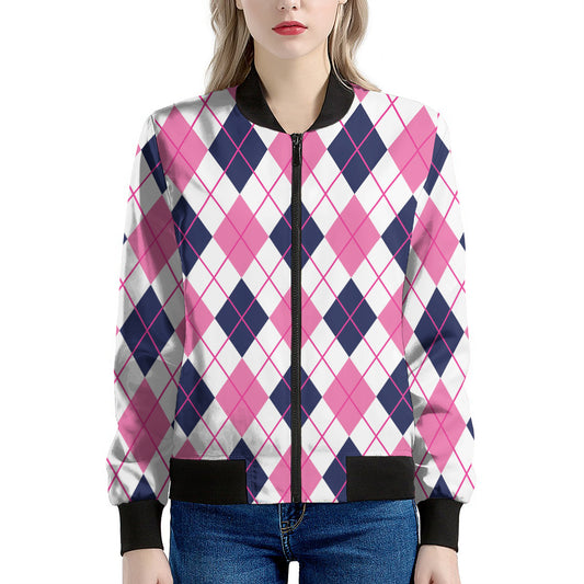 White Pink And Blue Argyle Pattern Print Women's Bomber Jacket