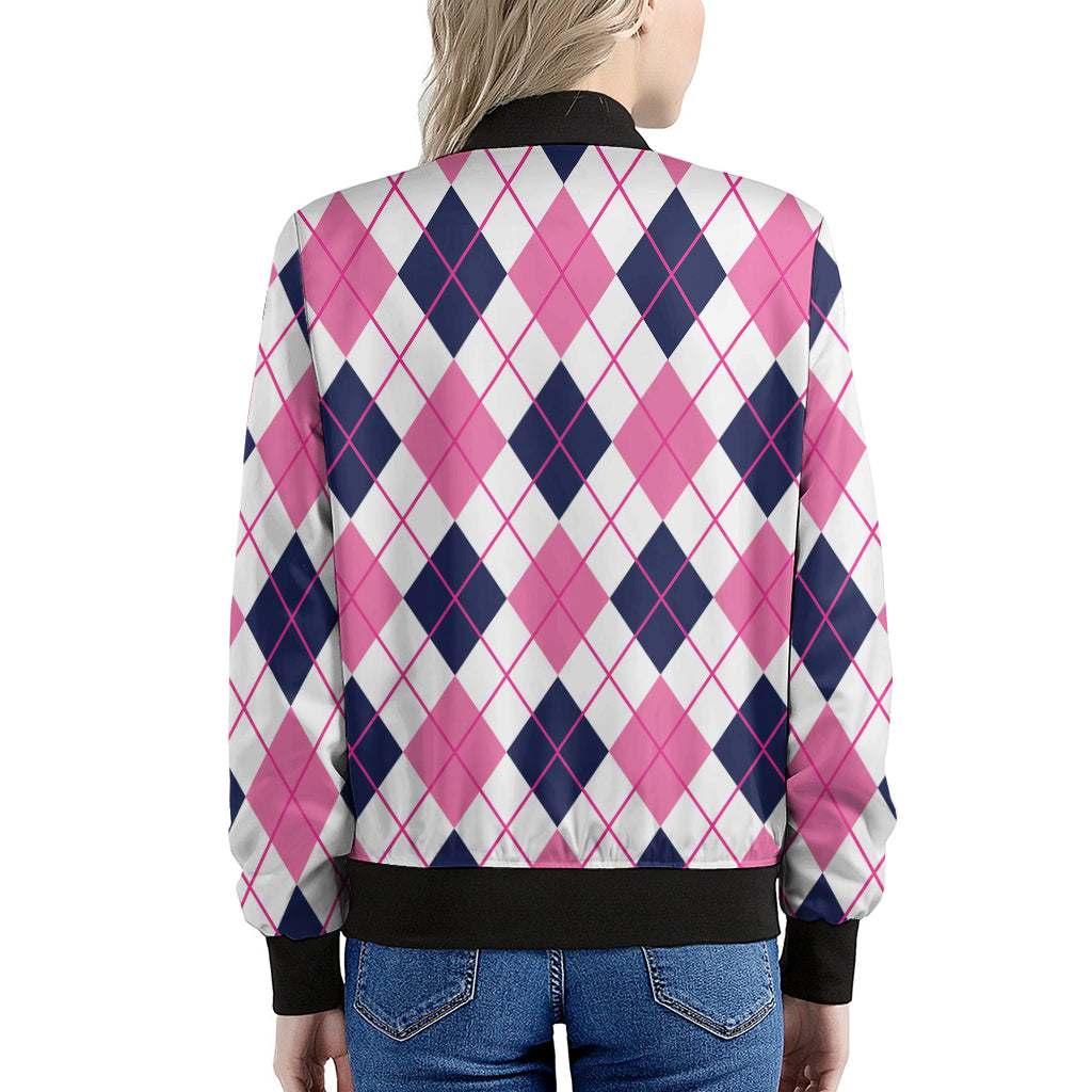White Pink And Blue Argyle Pattern Print Women's Bomber Jacket