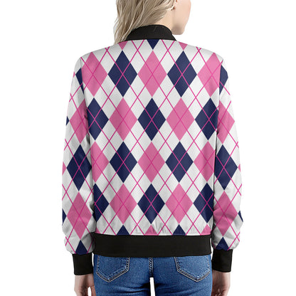 White Pink And Blue Argyle Pattern Print Women's Bomber Jacket