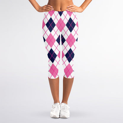White Pink And Blue Argyle Pattern Print Women's Capri Leggings