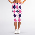 White Pink And Blue Argyle Pattern Print Women's Capri Leggings