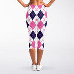 White Pink And Blue Argyle Pattern Print Women's Capri Leggings