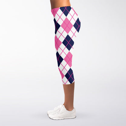 White Pink And Blue Argyle Pattern Print Women's Capri Leggings