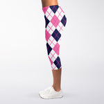 White Pink And Blue Argyle Pattern Print Women's Capri Leggings