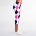 White Pink And Blue Argyle Pattern Print Women's Capri Leggings