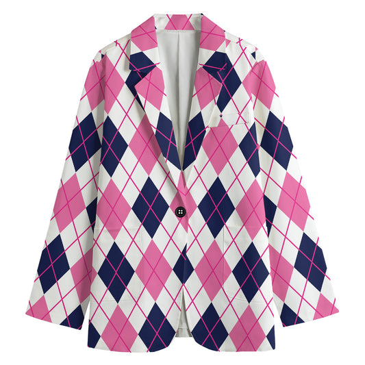White Pink And Blue Argyle Pattern Print Women's Cotton Blazer