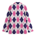White Pink And Blue Argyle Pattern Print Women's Cotton Blazer