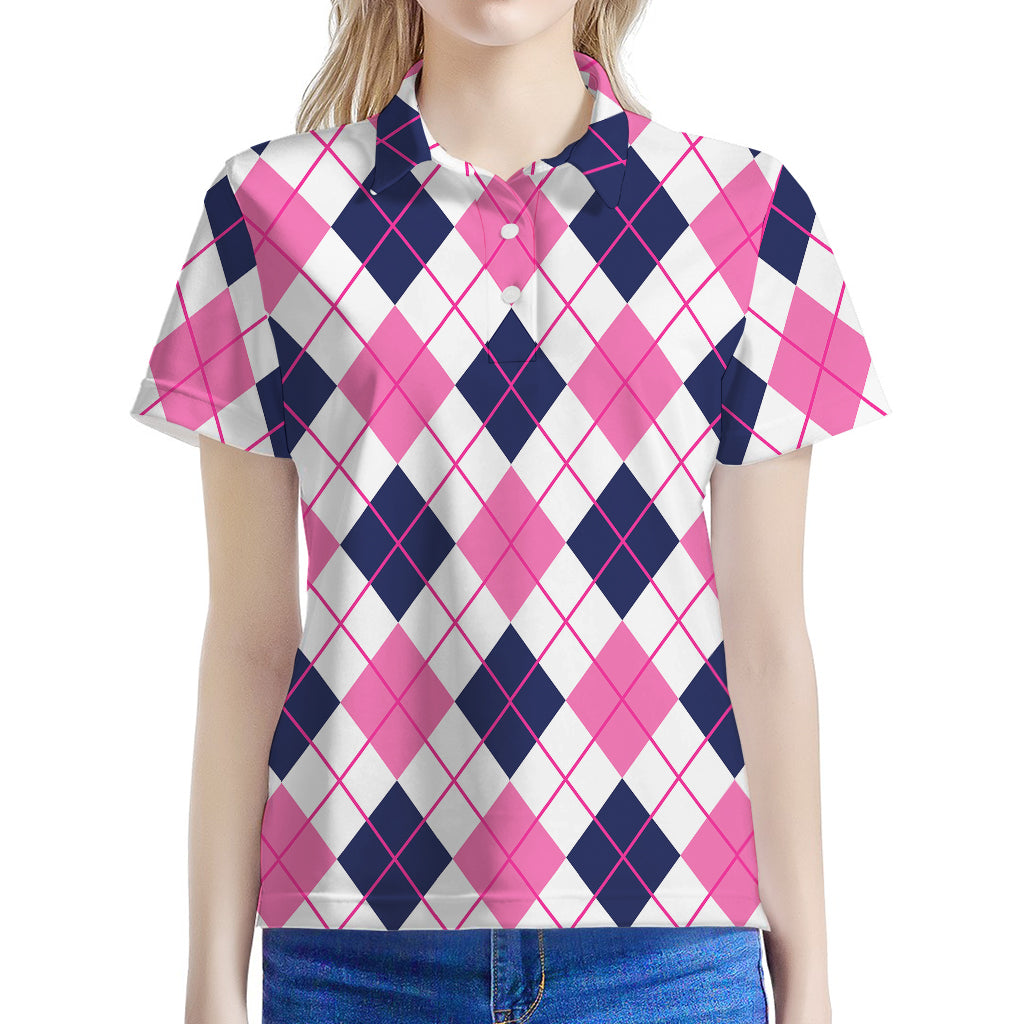 White Pink And Blue Argyle Pattern Print Women's Polo Shirt