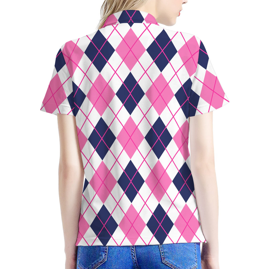 White Pink And Blue Argyle Pattern Print Women's Polo Shirt
