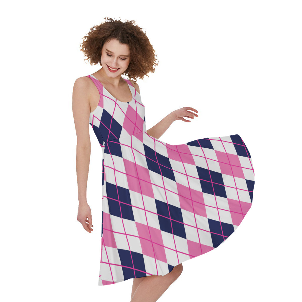 White Pink And Blue Argyle Pattern Print Women's Sleeveless Dress